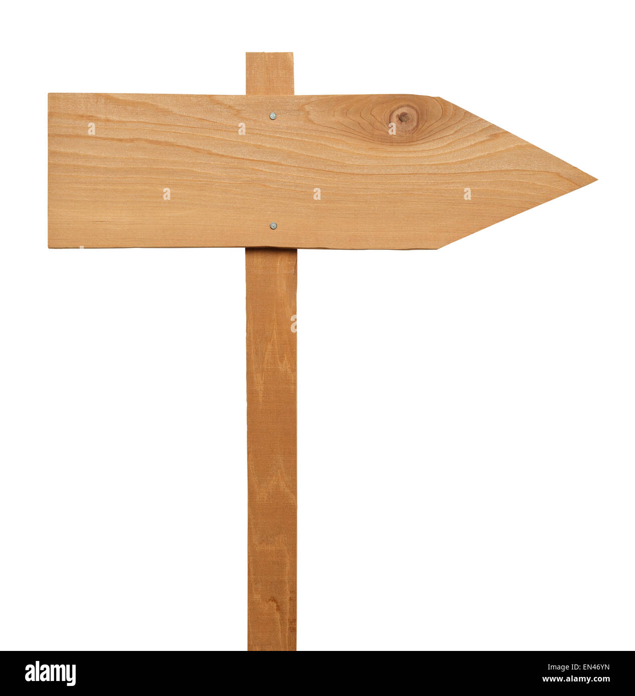 Signo de flecha de madera clavado al Post aislado sobre fondo blanco. Foto de stock