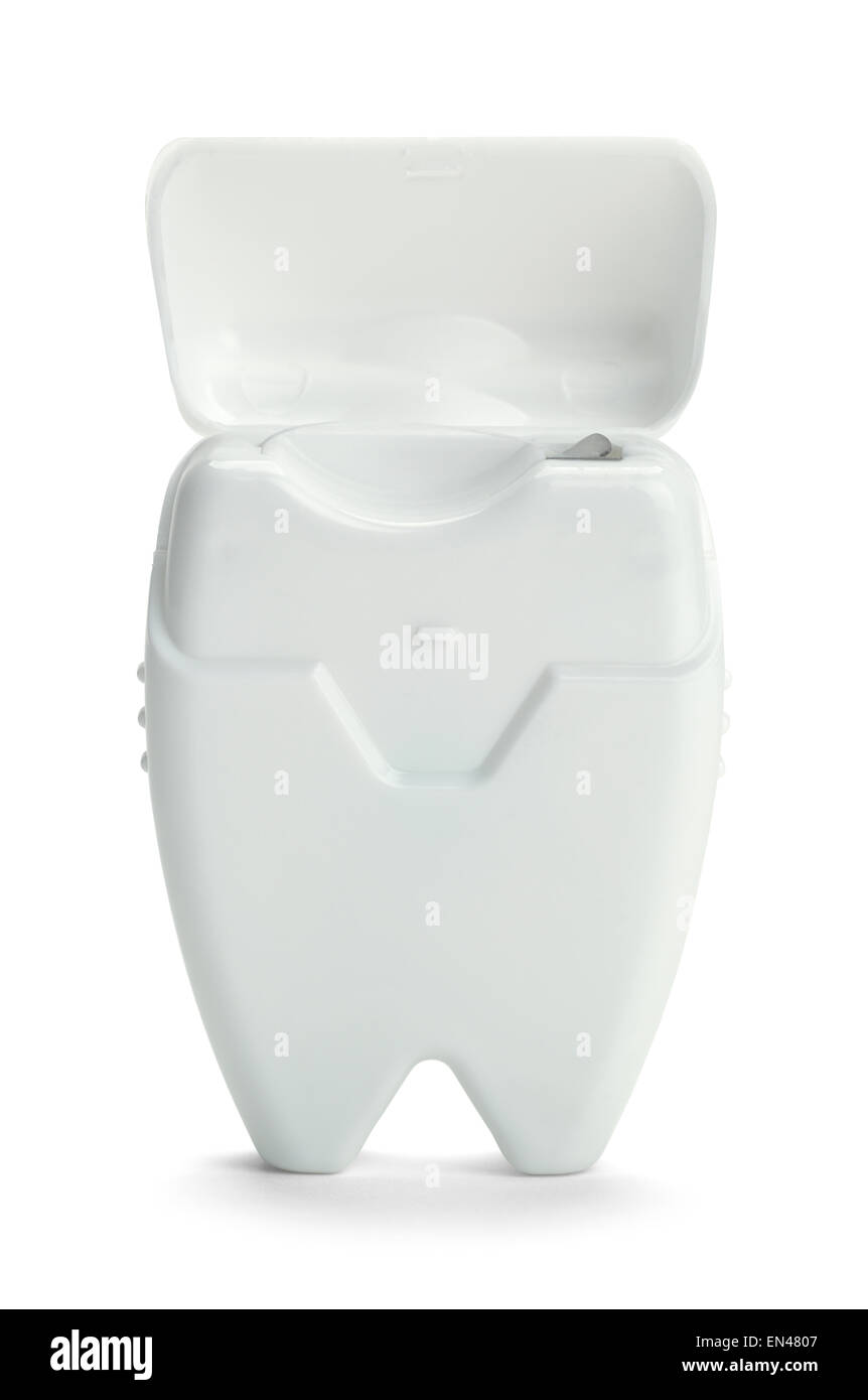 Abrir la forma del diente Dental Floss contenedor aislado sobre un fondo blanco. Foto de stock