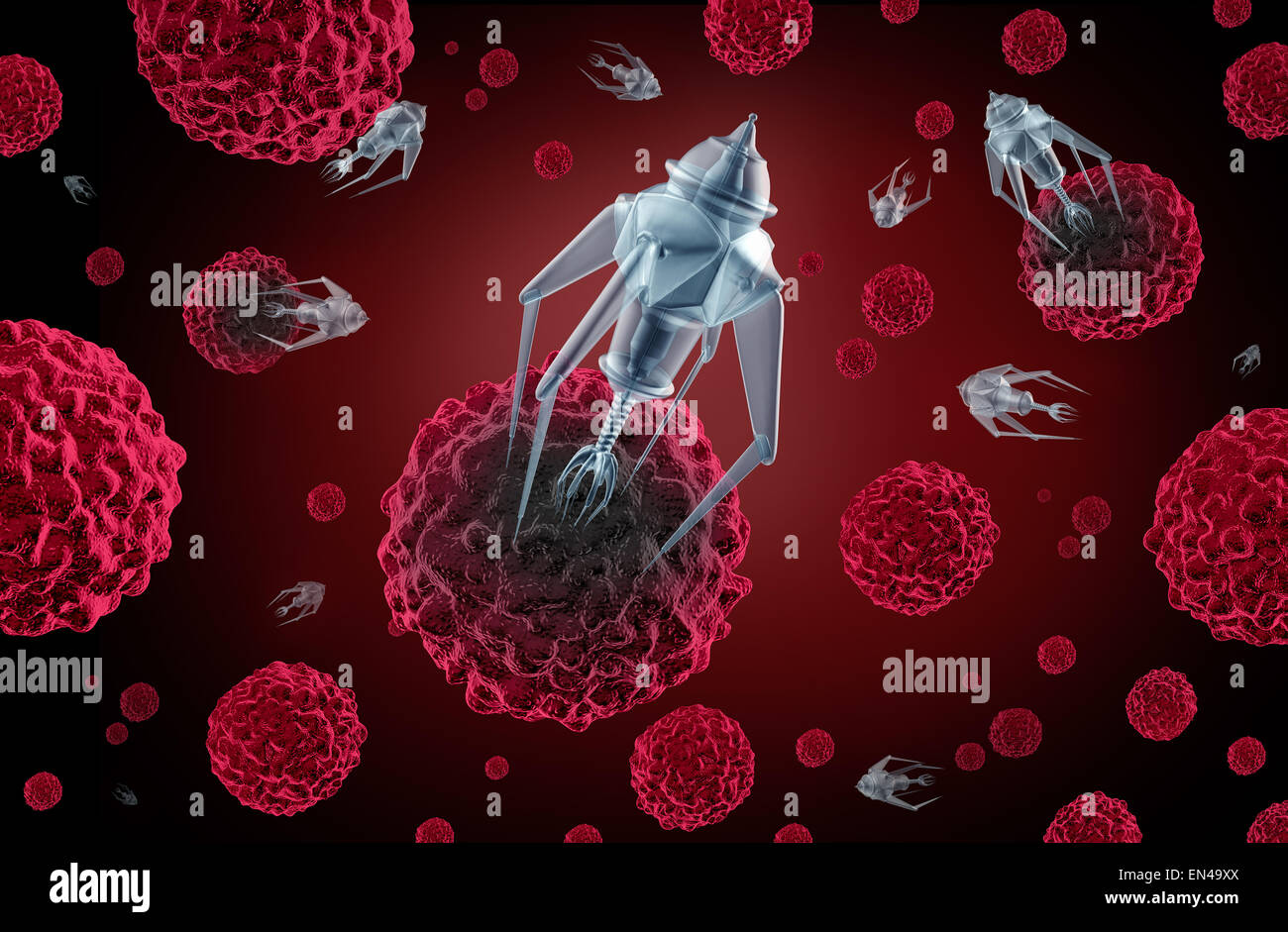 Concepto de medicina nanotecnología como un grupo de nano robots nanobots microscópica o programarse para matar las células del cáncer o enfermedad humana como una cura de salud futurista símbolo. Foto de stock