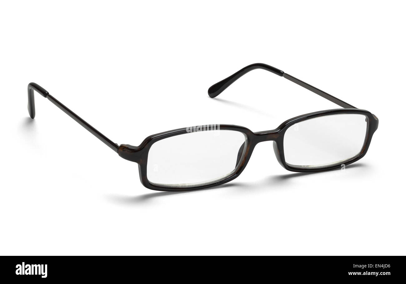 Vista frontal de las gafas de lectura abierto aislado sobre un fondo blanco. Foto de stock