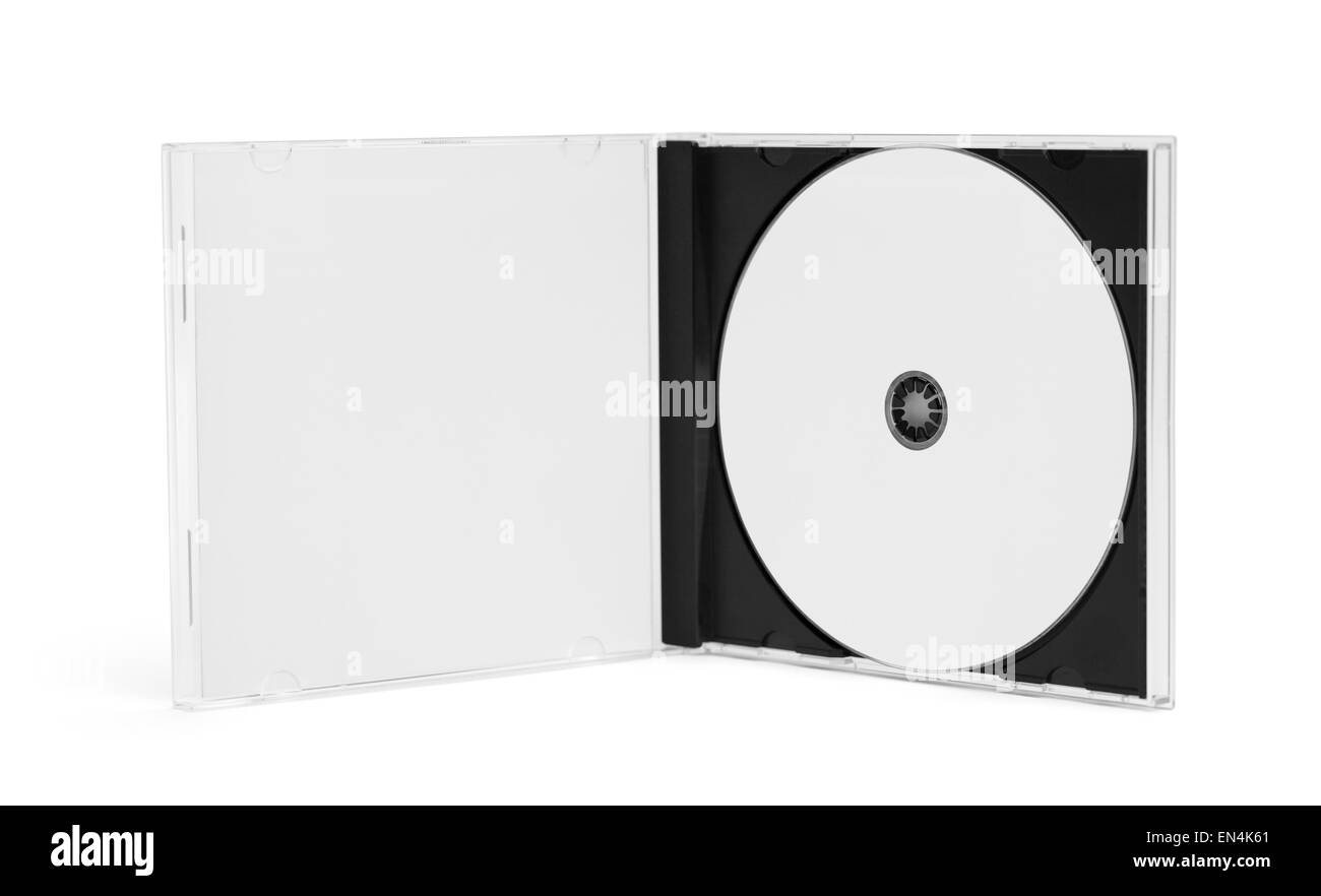 Abra una caja de CD con disco y copiar el espacio aislado sobre fondo blanco. Foto de stock