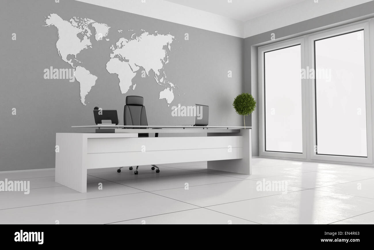 Blanco minimalista oficina con escritorio y mapa del mundo en la pared - 3D  Rendering Fotografía de stock - Alamy