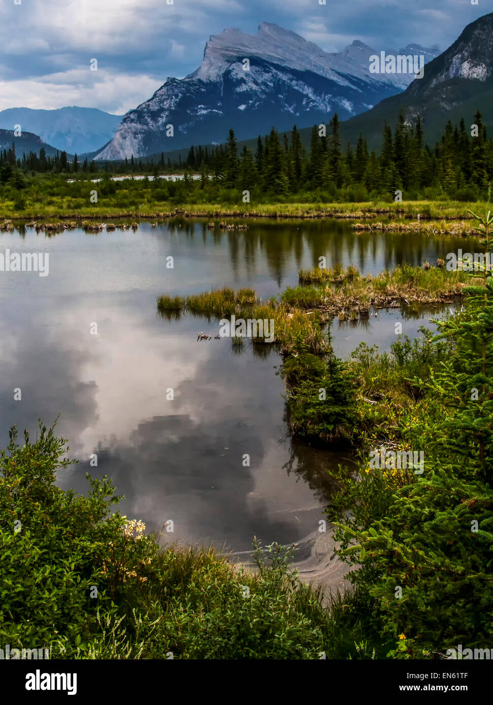 En la orilla del lago Vermillion en la base del Monte Rundle, Parque Nacional de Banff, Alberta, Canadá Foto de stock