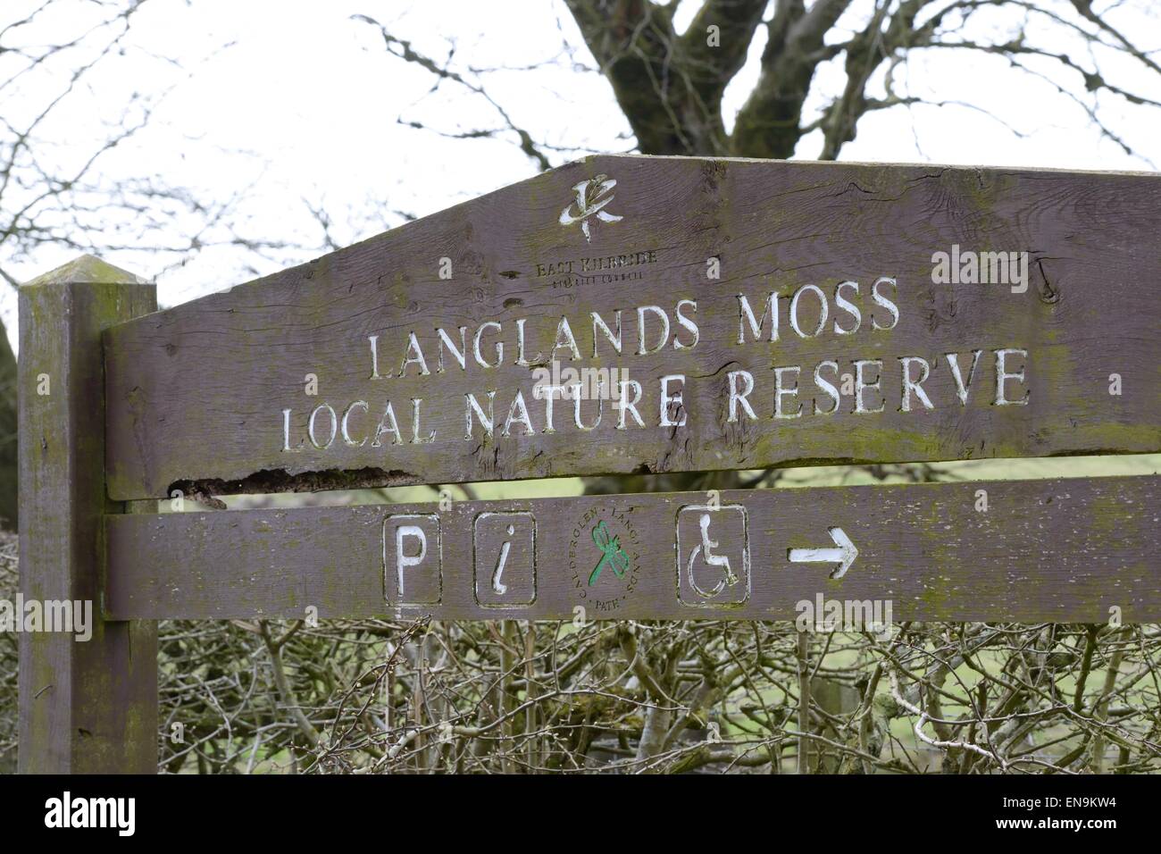 Información de madera signo de Langlands Moss reserva natural local en el sur de Lanarkshire, Escocia, Reino Unido Foto de stock