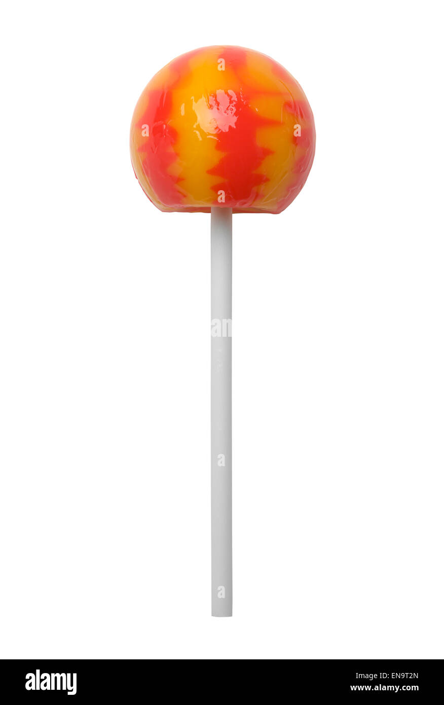 Amarillo y Rojo Lollipop Gourmet aislado sobre fondo blanco. Foto de stock