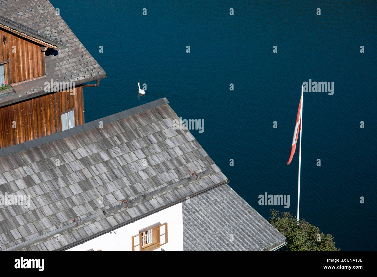 Hallstatt Dächer von oben gesehen mit Schwan und österreichischer Fahne, Salzkammergut, Austria Foto de stock