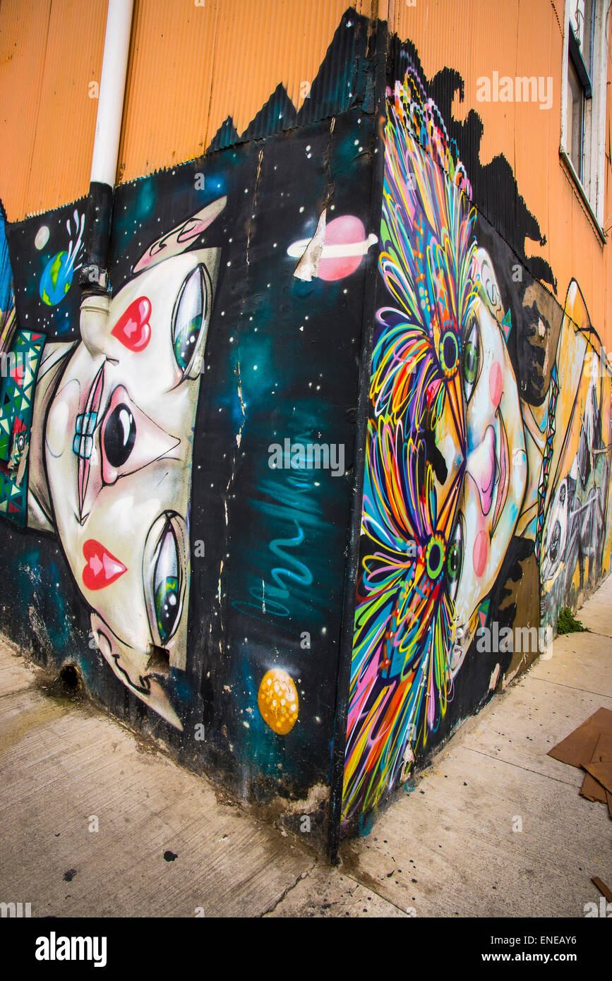 Arte callejero de Valparaíso en la capital cultural de Chile. Valparaíso es una de las ciudades más coloridas del mundo. Se extiende sobre las colinas con vistas al Pacífico. Foto de stock