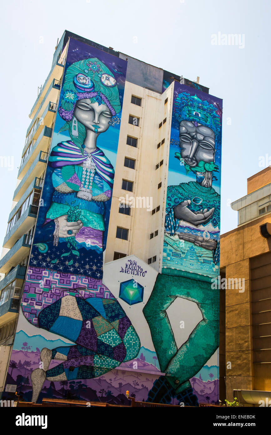 Arte callejero de Valparaíso en la capital cultural de Chile. Valparaíso es una de las ciudades más coloridas del mundo. Se extiende sobre las colinas con vistas al Pacífico. Foto de stock