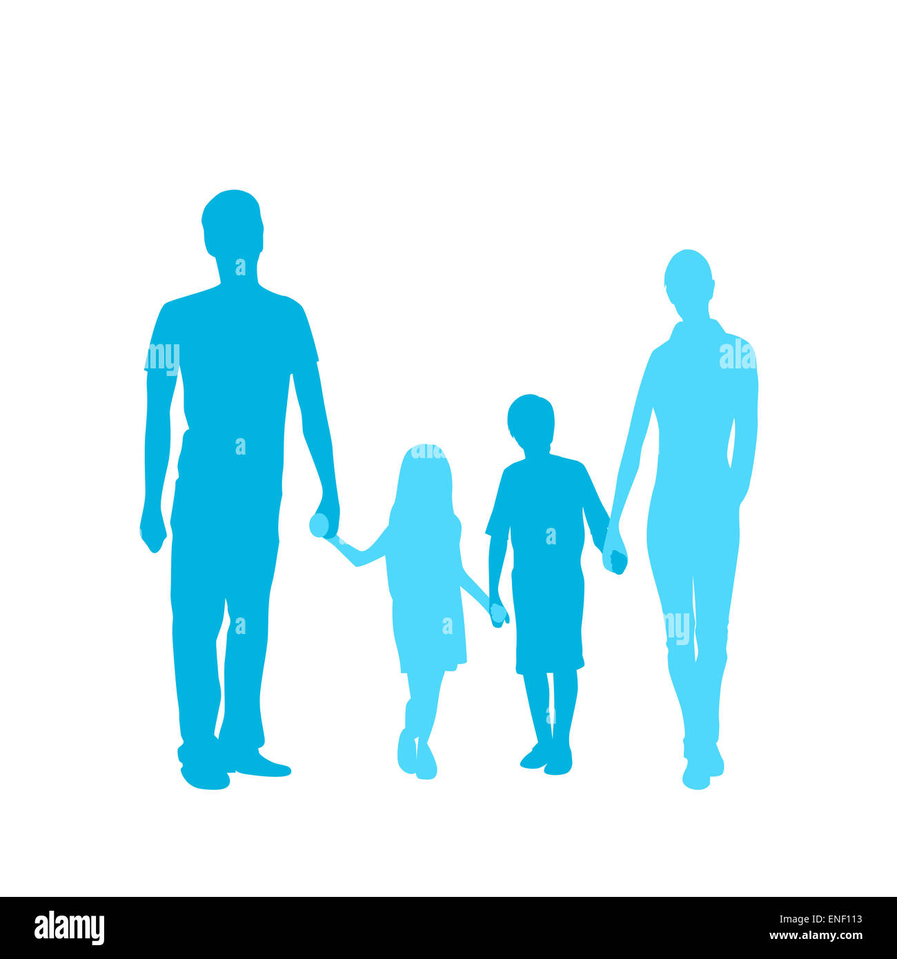 Silueta de la familia, pareja de longitud completa con dos niños abrazando Foto de stock