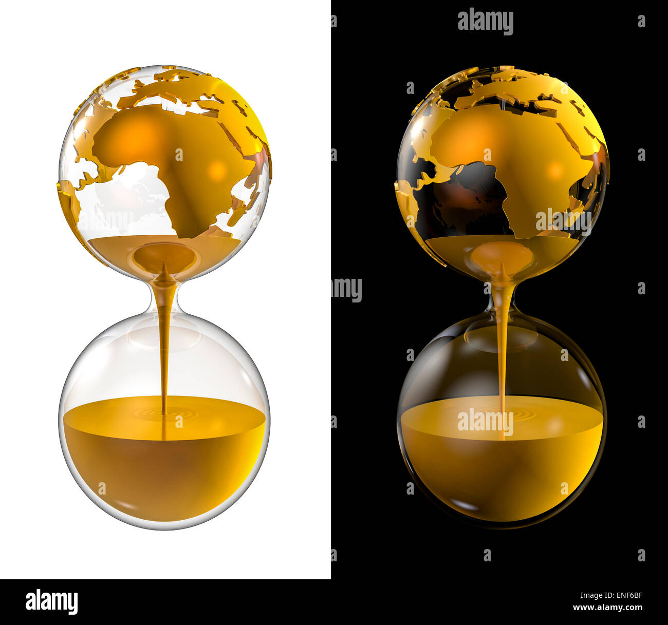 3D Render de globo terráqueo como el reloj de arena llena de oro Foto de stock