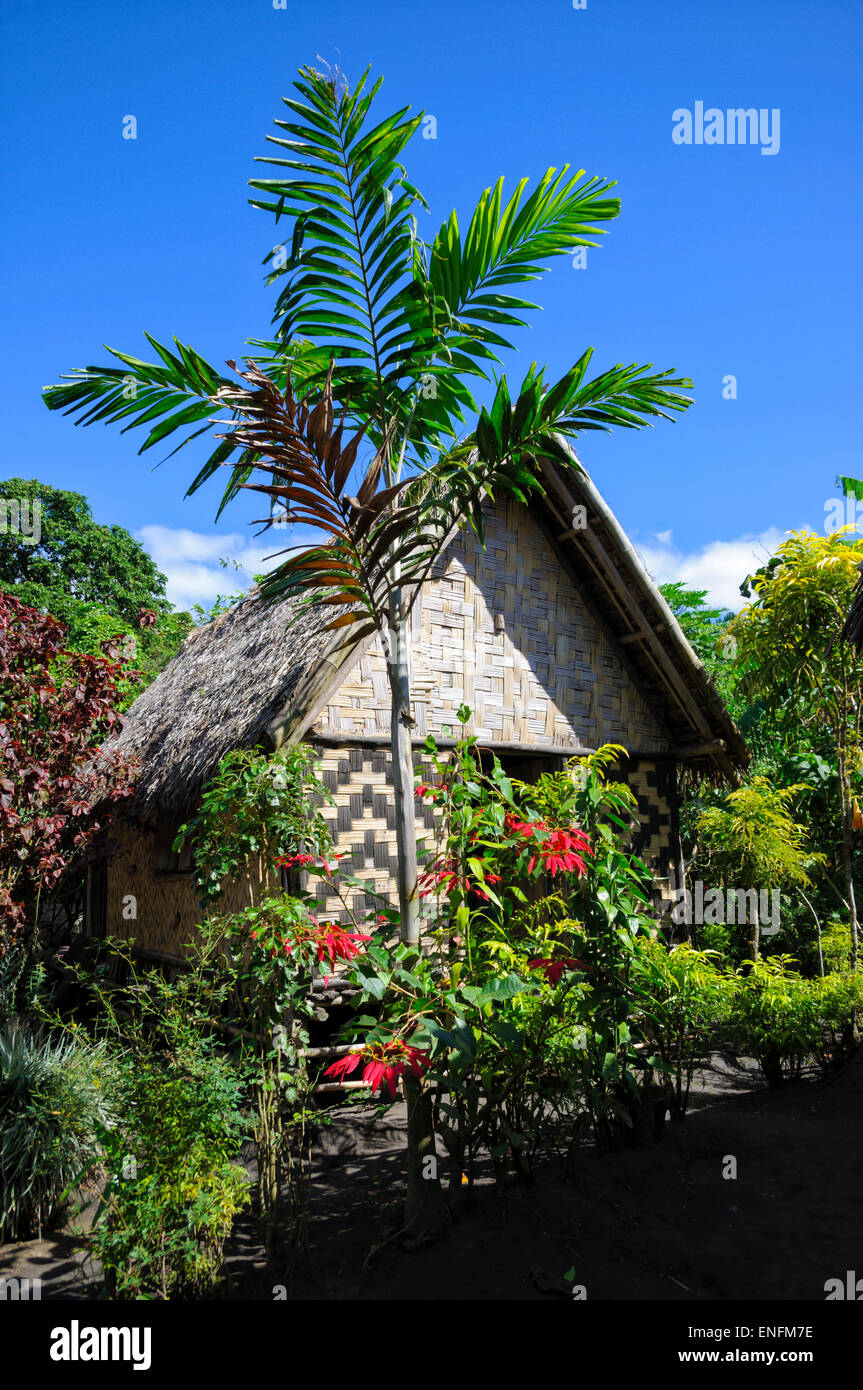 Casa rústica tradicional en una isla del Pacífico Sur. Tejido de palma paredes frontales. Cabaña madefromwoven frondas de palma,Tanna,Vanuatu. Foto de stock
