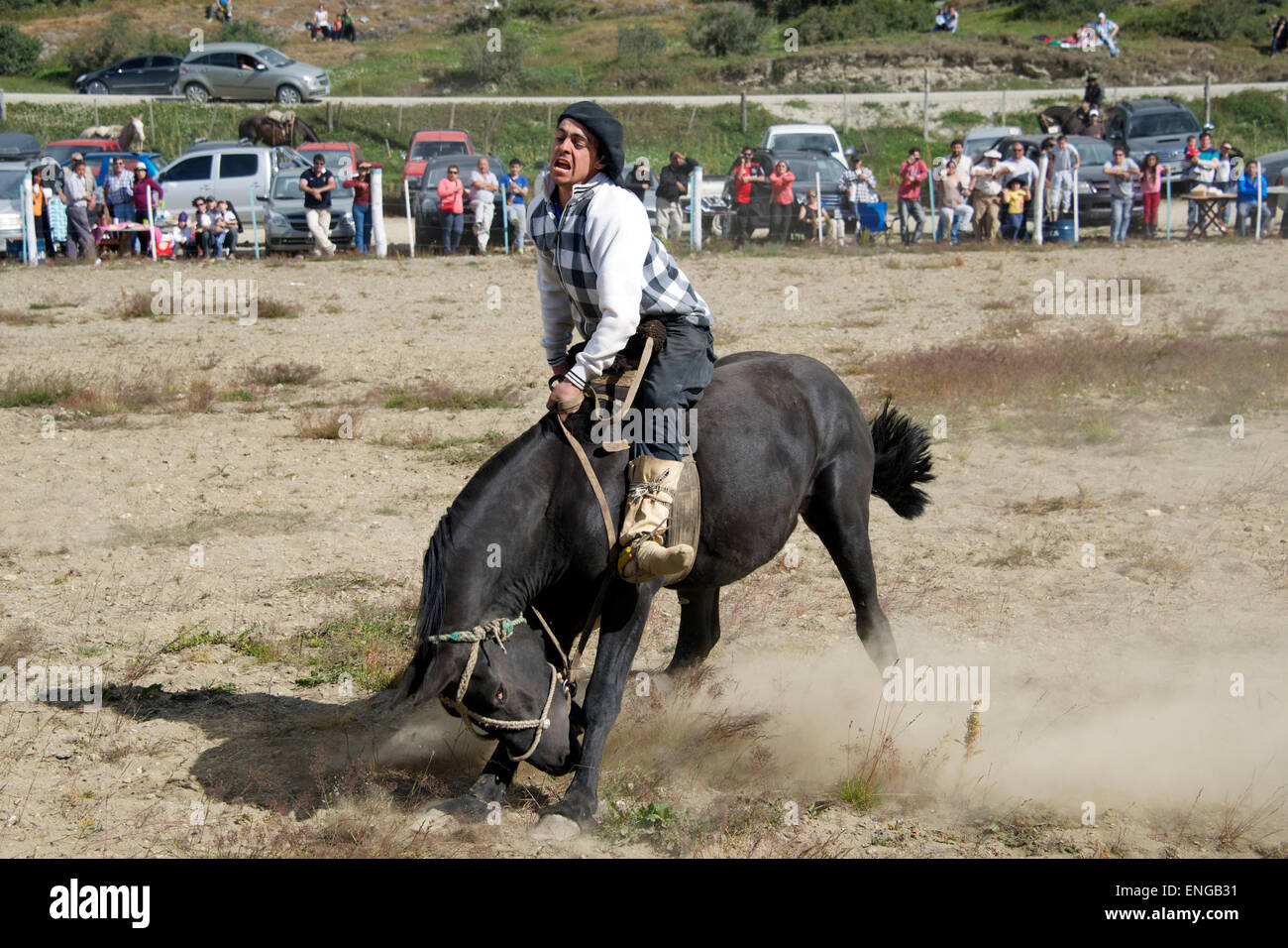 Gaucho montando a tirones bronco rodeo país Tierra del Fuego Argentina Foto de stock