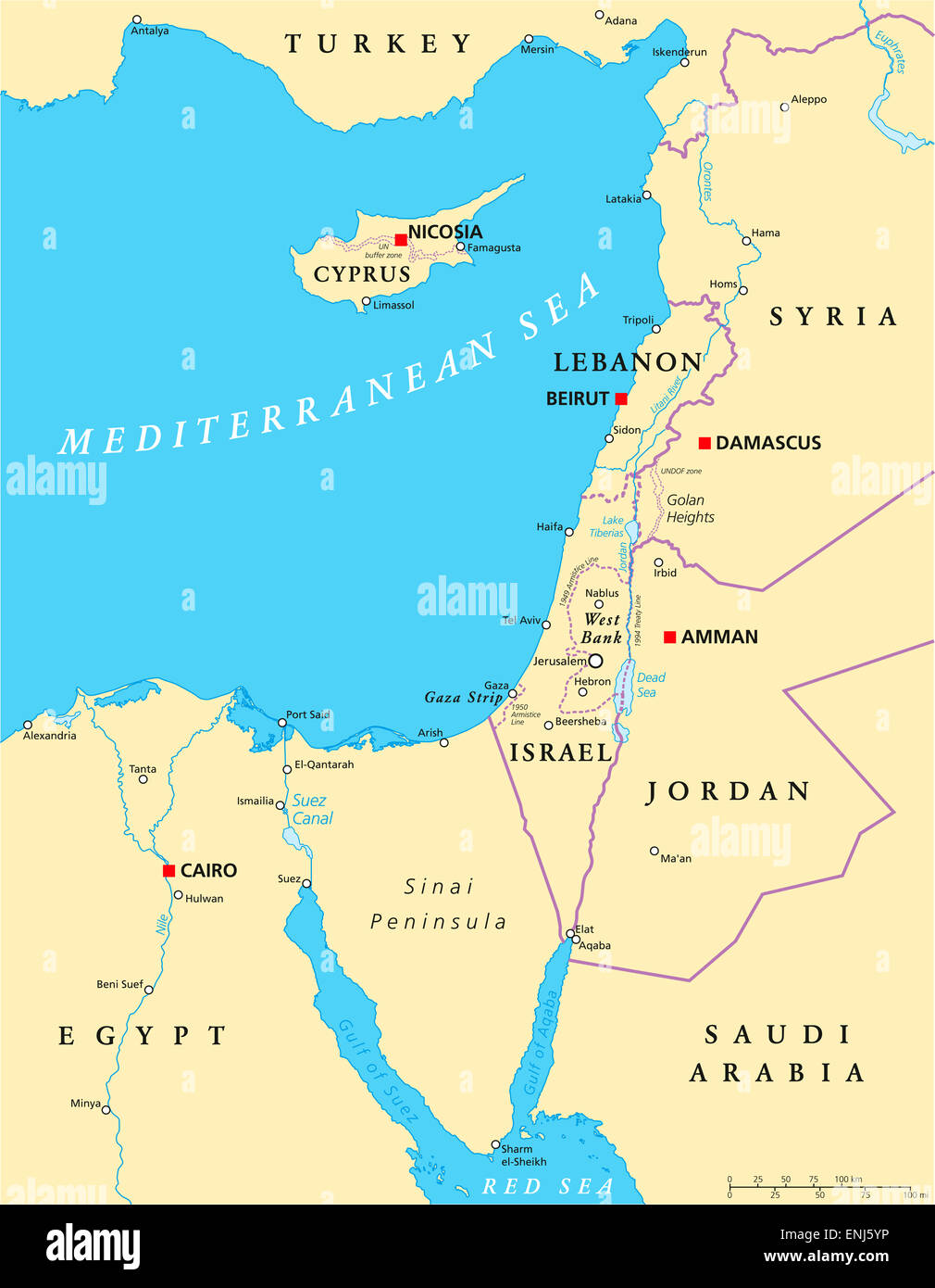 Mapa político del Mediterráneo oriental Foto de stock