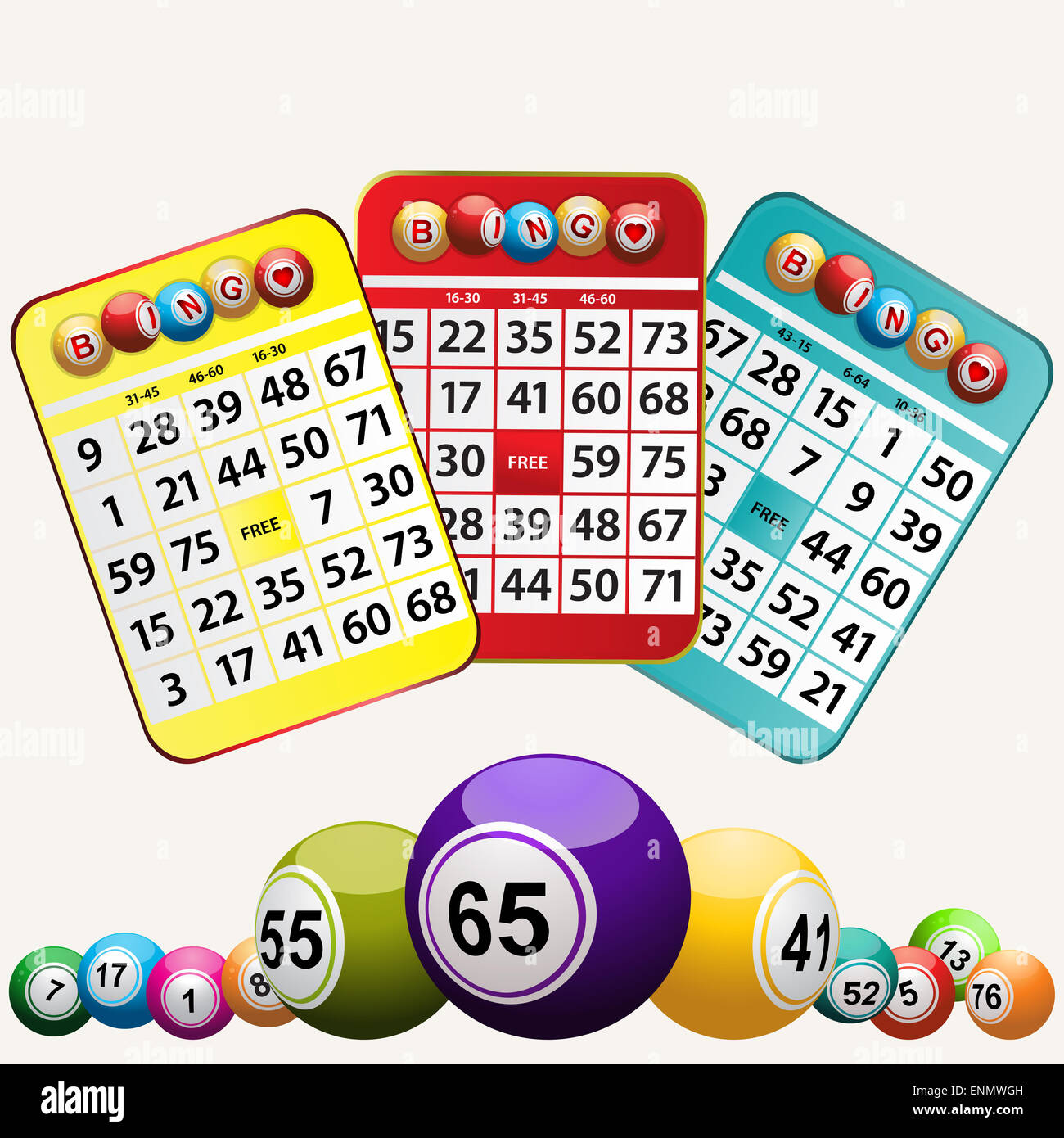 Conjunto de cartones de bingo una Bolas de Bingo sobre fondo blanco  Fotografía de stock - Alamy