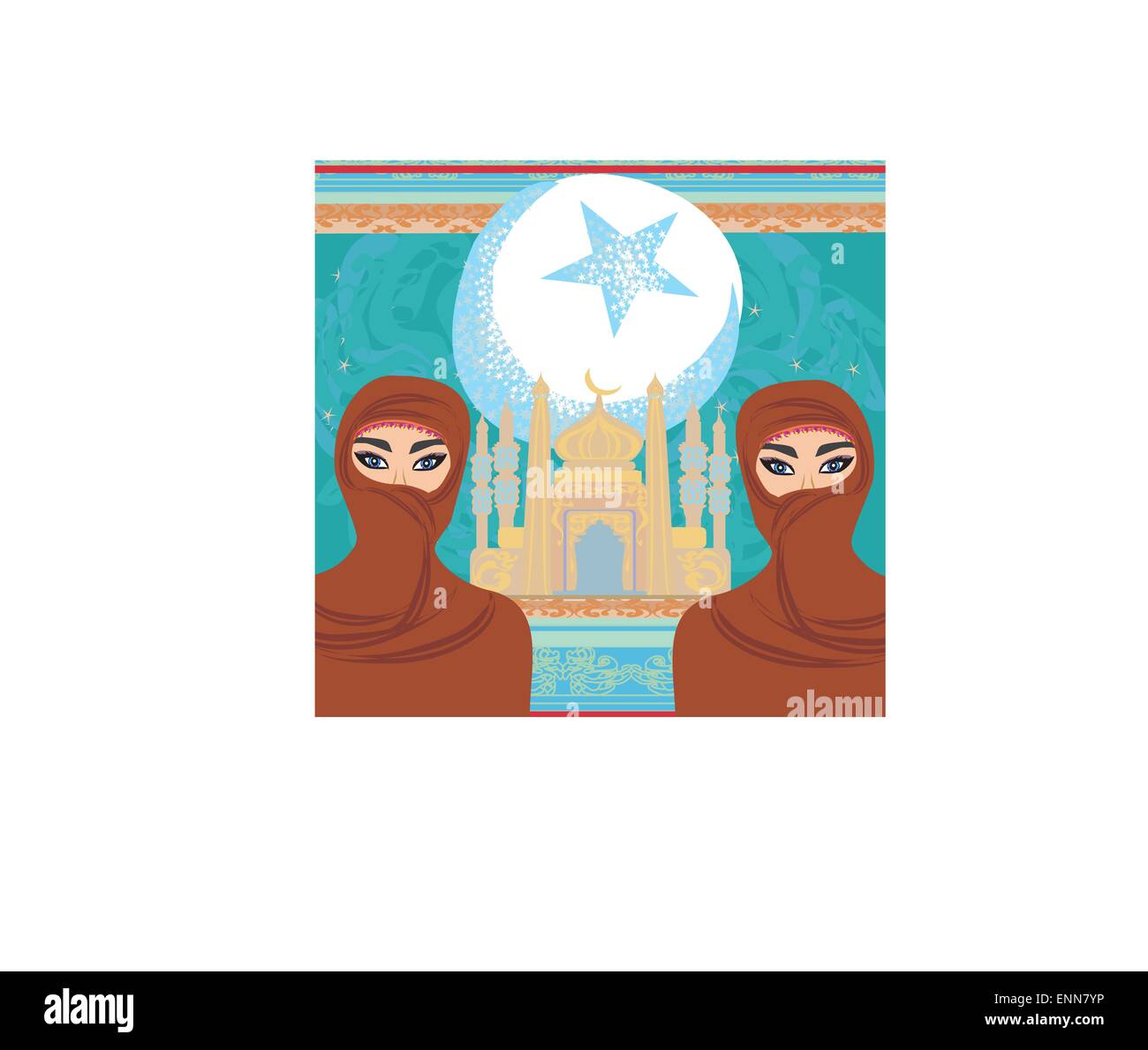Hermosas mujeres musulmanas en la mezquita de fondo Imagen Vector de