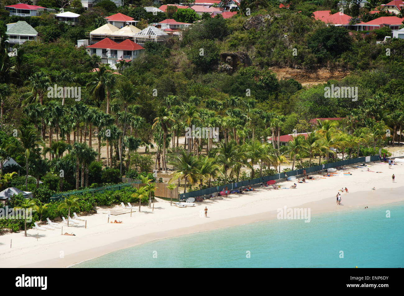 St Barth, Saint Barts, Saint-Barthélemy, Antillas Francesas, Antillas Francesas: vista panorámica del Mar Caribe, a la playa y a la bahía de Saint Jean Foto de stock