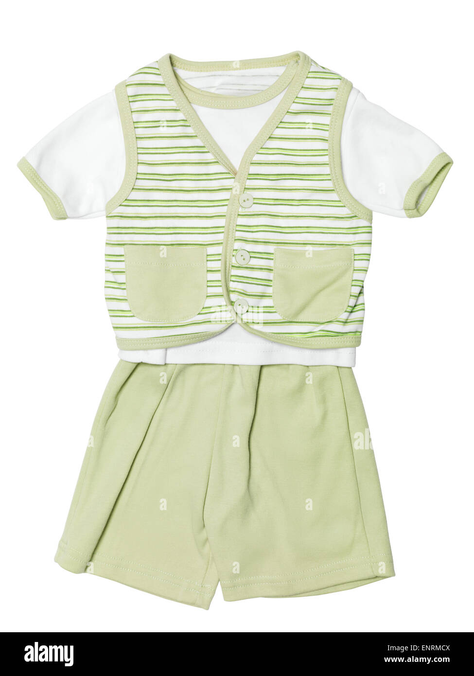 Los bebés varones verde traje a rayas, camisa, chaleco y pantalones cortos, ropa conjunto aislado sobre fondo blanco con trazado de recorte Foto de stock