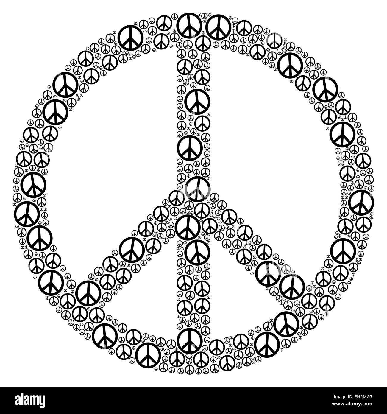 Signo de paz formado por muchos pequeños símbolos de paz. Ilustración sobre fondo blanco. Foto de stock