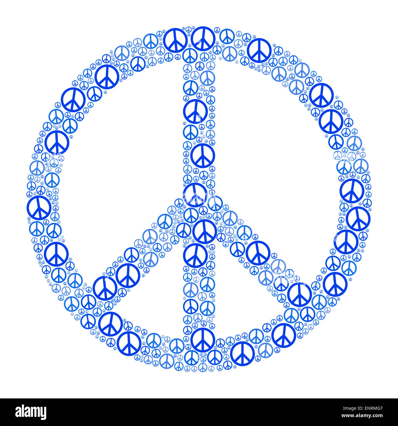 Signo de paz azul formado por muchos pequeños símbolos de paz. Ilustración sobre fondo blanco. Foto de stock