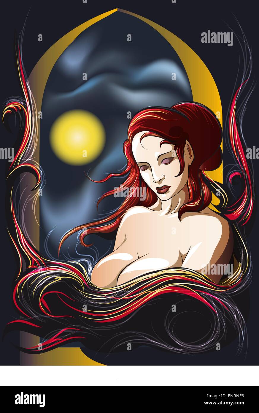 La joven con un fluido de largo cabello descansa en el castillo de cristal en la luna Ilustración del Vector