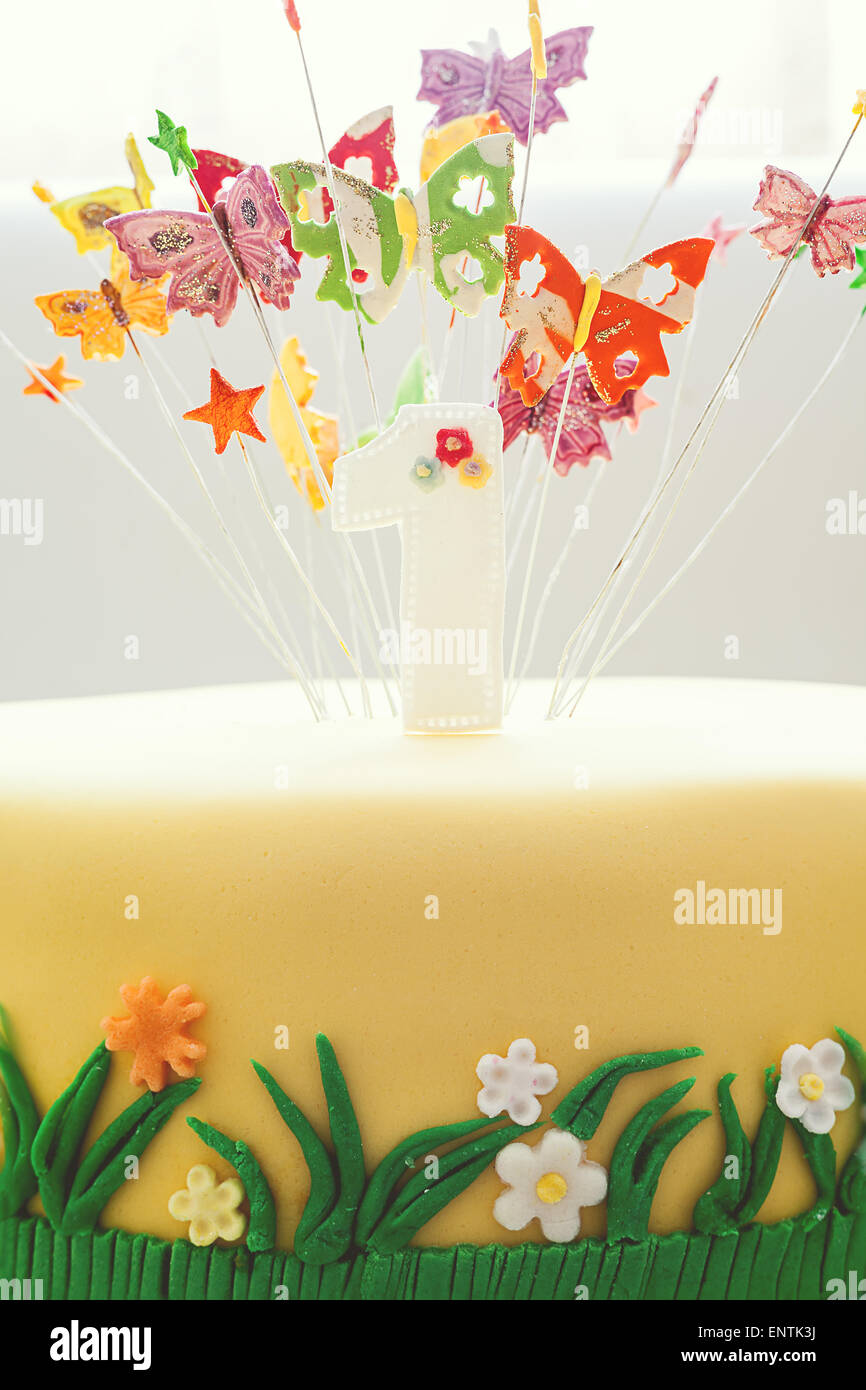 Censo nacional Clásico prestar Pastel de cumpleaños para el primer año de vida, decorado con mariposas y  flores de azúcar, con el número uno en la parte superior Fotografía de  stock - Alamy