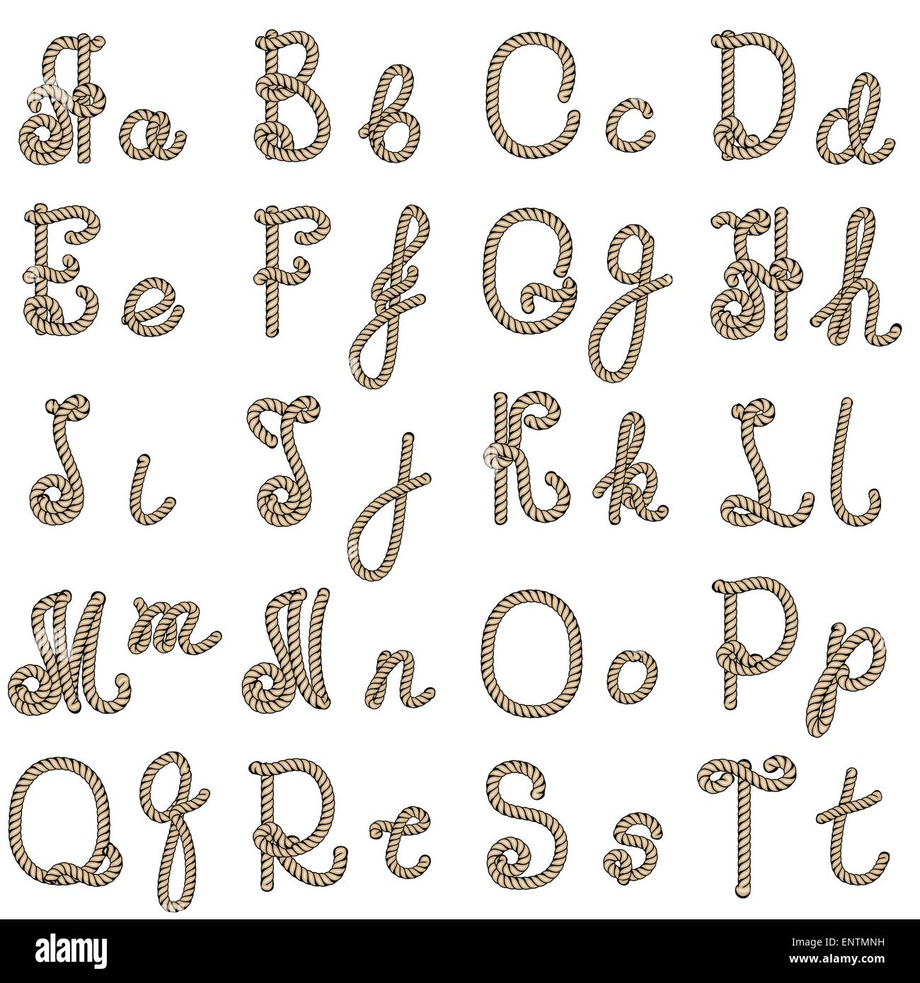 Cuerda antiguo dibujadas a mano las letras del alfabeto de la A a la T  Imagen Vector de stock - Alamy