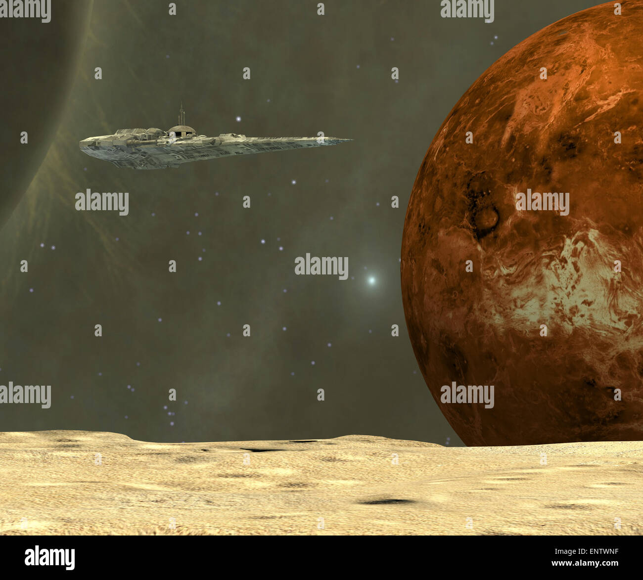 Una estrella-barco visita uno de los asteroides cerca del planeta de mercurio durante un viaje de investigación al interior del sistema solar. Foto de stock