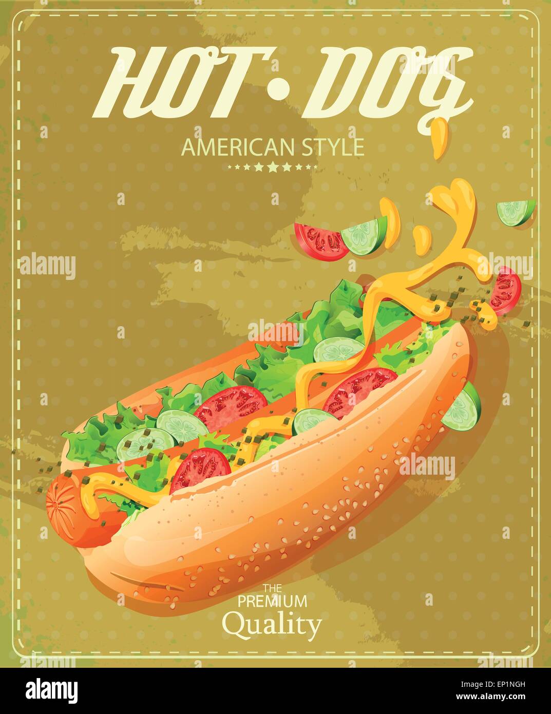 Hot Dog. Póster en tradicional estilo vintage americano Imagen Vector