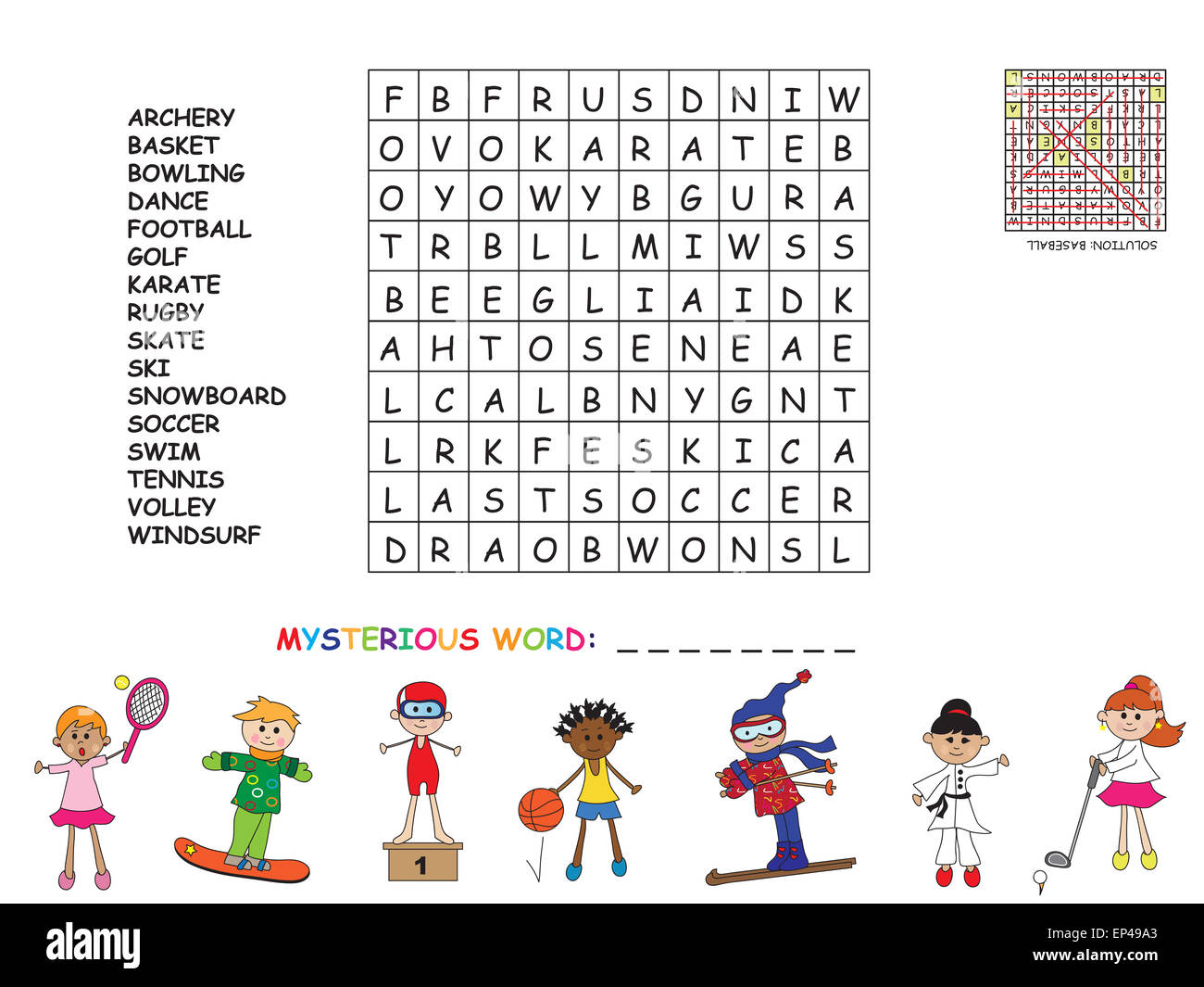 Juego para niños : buscar todas las palabras (horizontal, vertical y  diagonal). Utilice el resto de letras para encontrar la palabra secreta  Fotografía de stock - Alamy
