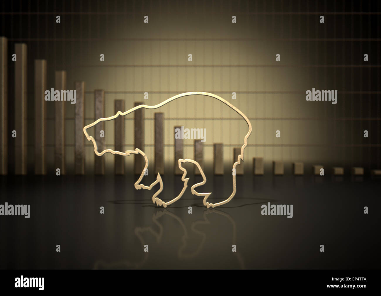 Un primer plano de un abstracto esquema de oro representando a un oso estilizados que representan la evolución de los mercados financieros en un fondo gráfico de barras Foto de stock