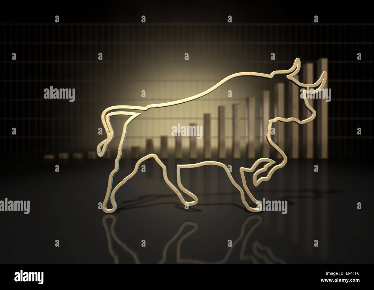 Un primer plano de un abstracto esquema de oro representando a un toro estilizado que representa la evolución de los mercados financieros en un fondo gráfico de barras Foto de stock