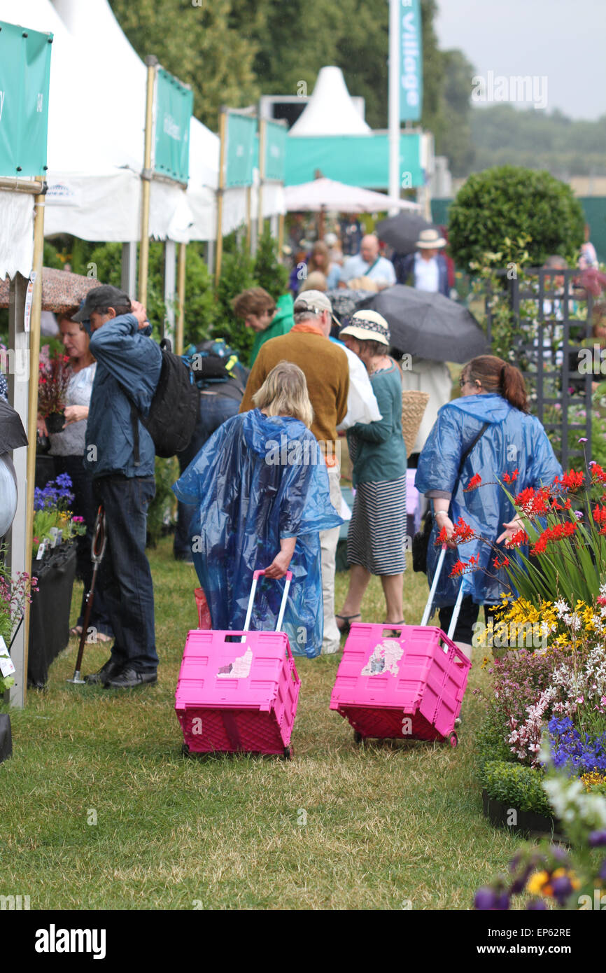 Dos mujeres en la lluvia ponchos con carritos rosa de plantas y flores en RHS Hampton Court Flower Show, julio de 2014 Foto de stock