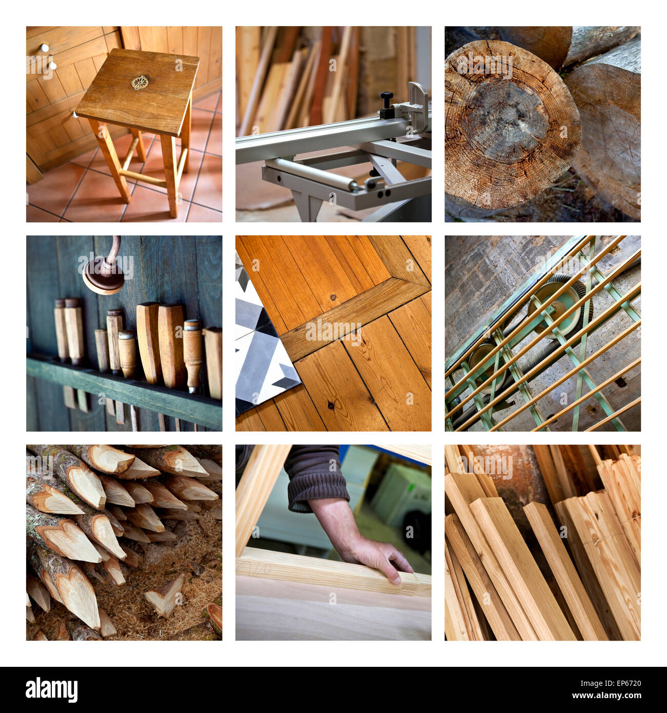 Carpintería de madera, muebles y objetos de madera en un collage Fotografía  de stock - Alamy