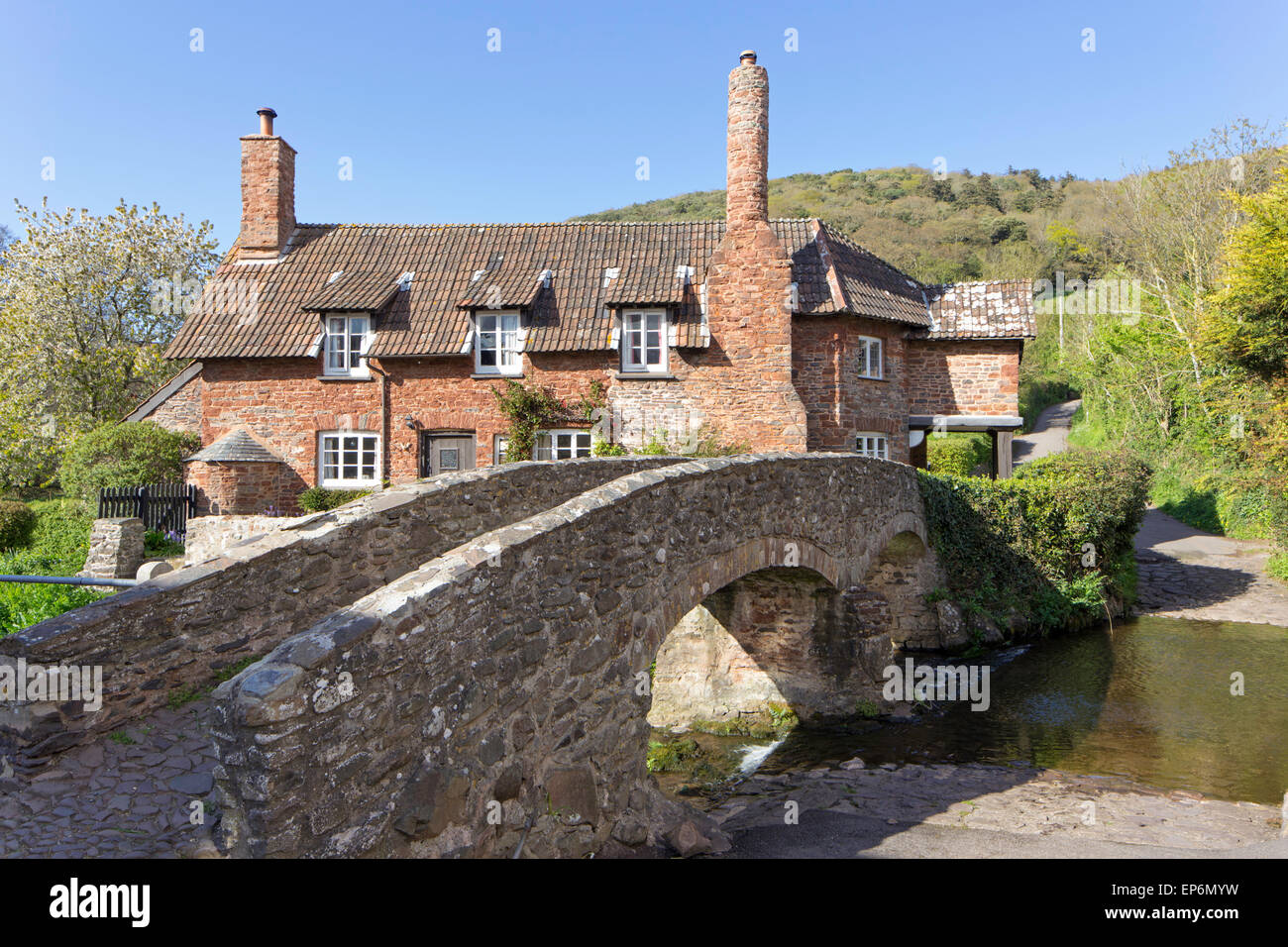 El puente packhorse Allerford cerca de Porlock, Somerset, Inglaterra, Reino Unido. Foto de stock