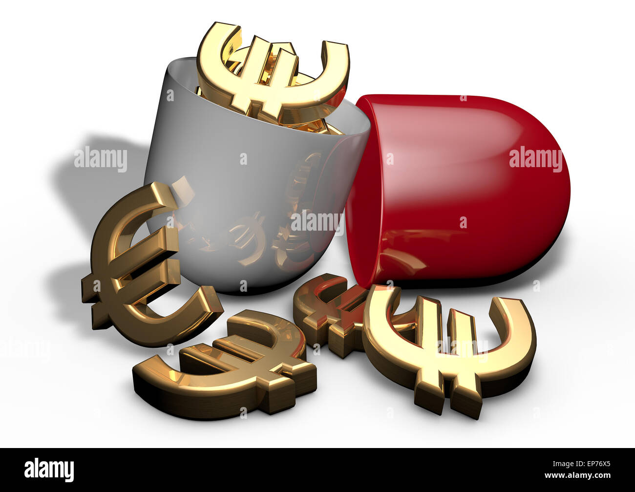 Símbolos de moneda euro de oro en pastillas aislado sobre fondo blanco. Concepto de seguros medicina Foto de stock