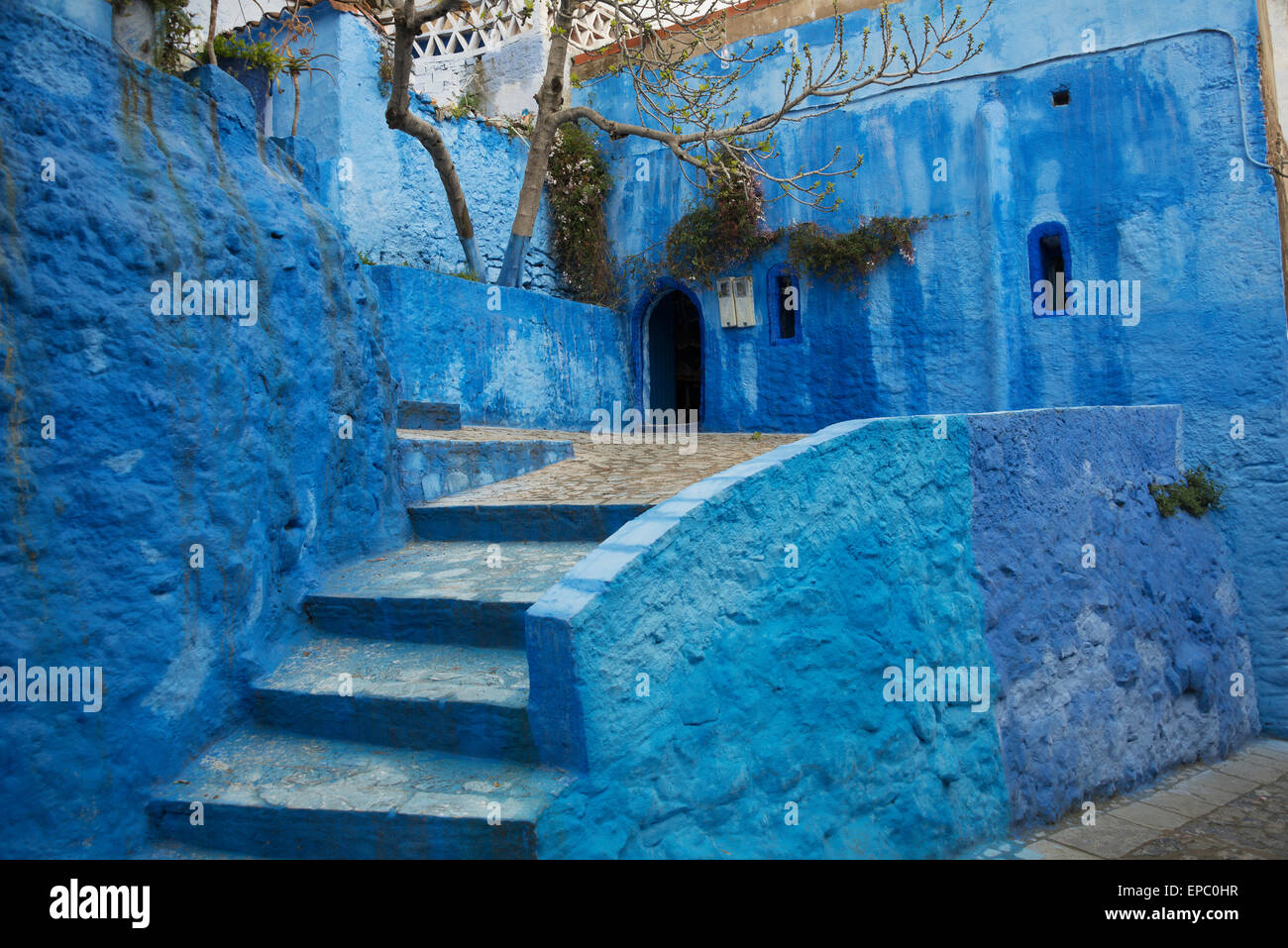 Las escaleras y los edificios pintados de azul; Chefchaouen, Cornwall, Marruecos Foto de stock