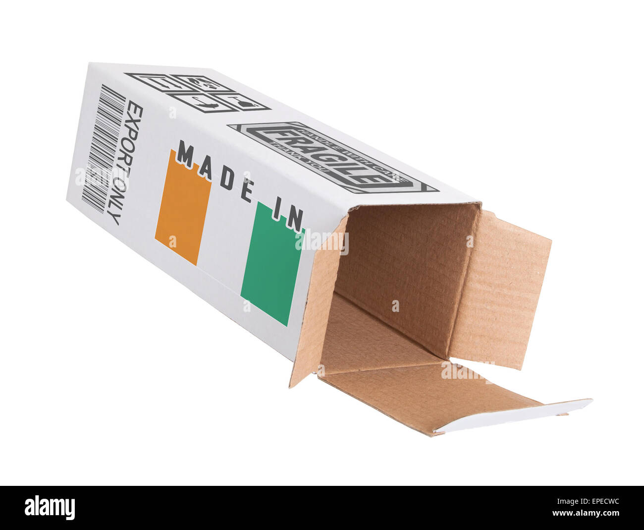Concepto de exportación, Abrir caja de papel - Producto de Costa de Marfil. Foto de stock