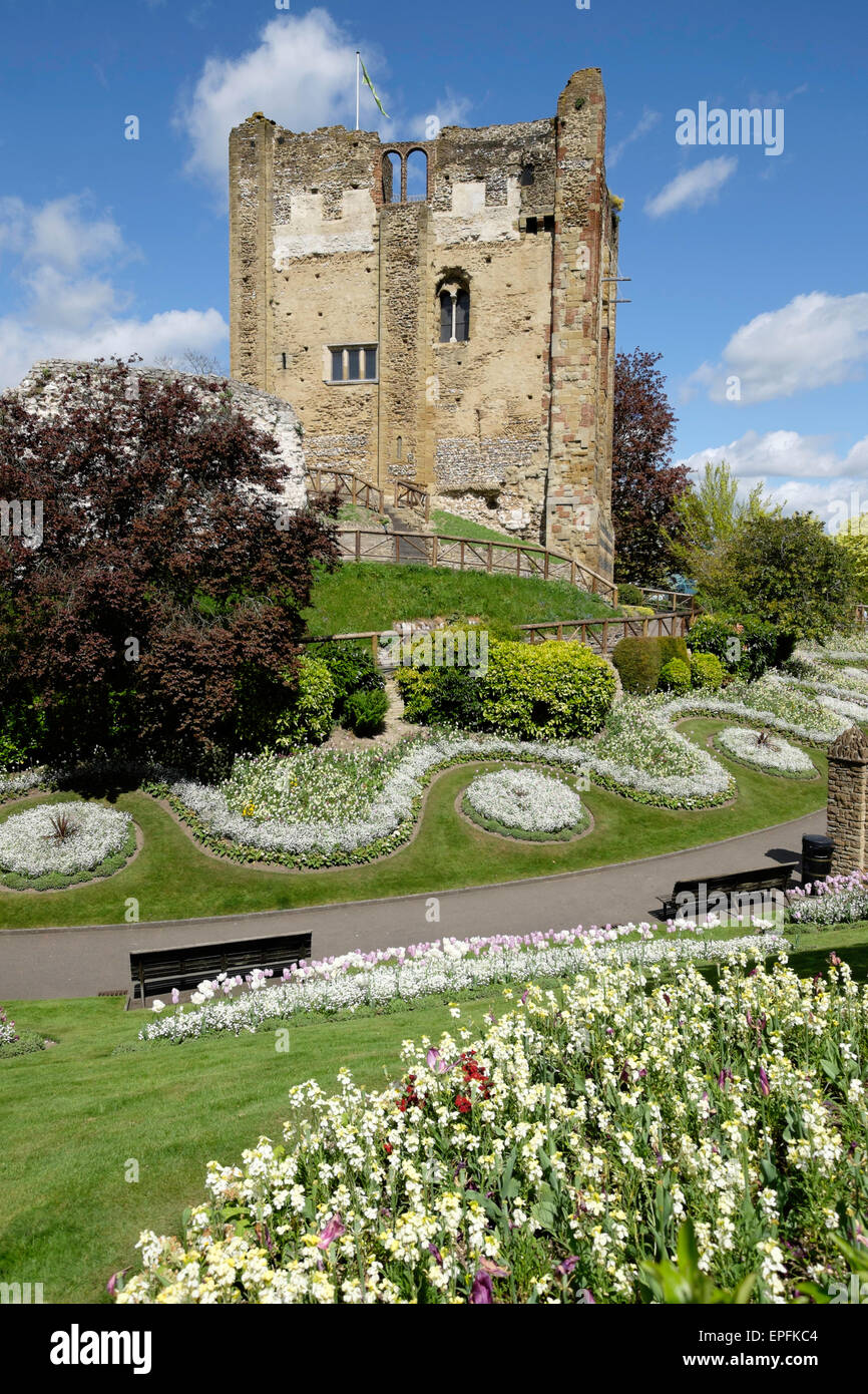 Los jardines del castillo y la Gran Torre, Guildford, Surrey, Reino Unido Foto de stock