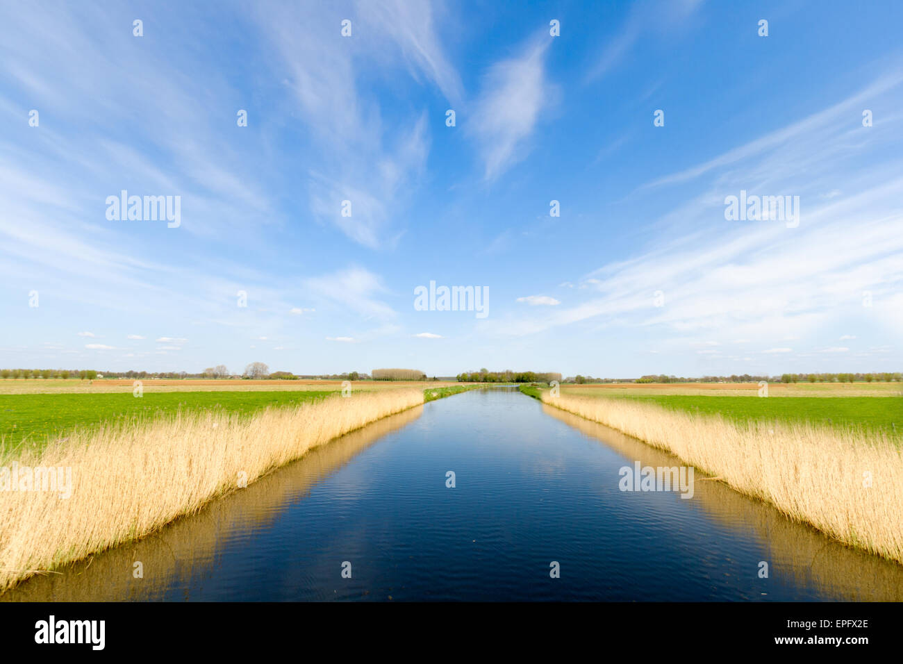 A través de un pequeño río tierras agrícolas Foto de stock