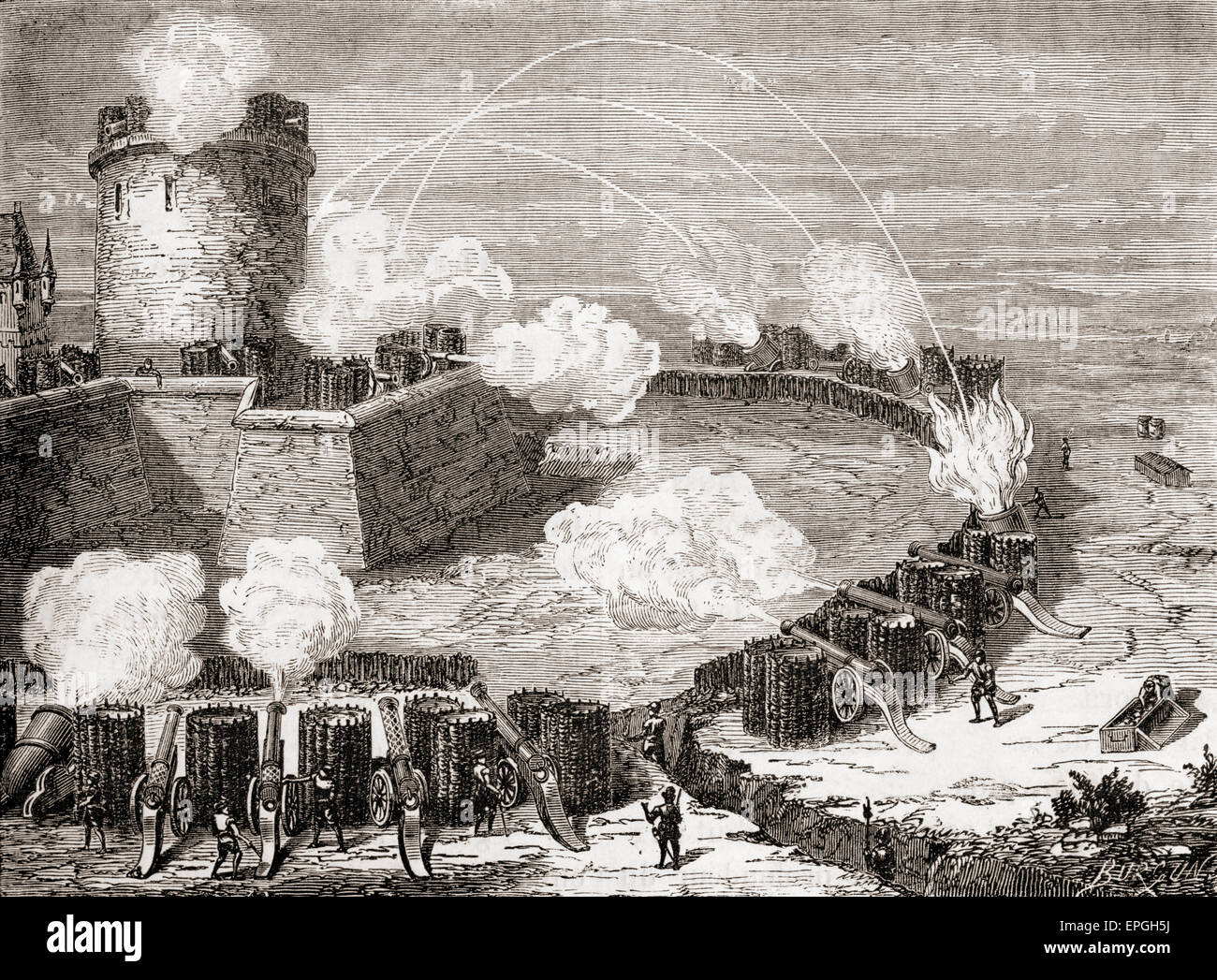 El asedio de un castillo fortificado en el siglo XVI. Foto de stock