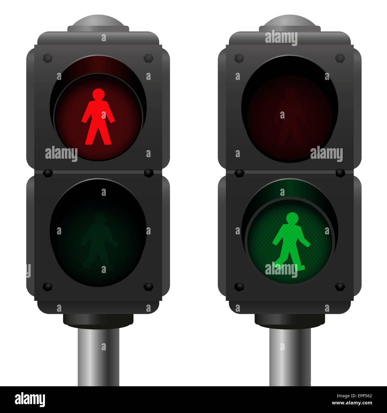 Las luces de peatones, un semáforo está en rojo y uno verde. Foto de stock