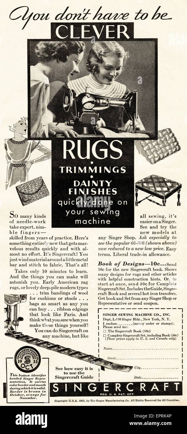 Vintage 1930 Revista Americana anuncio fechado en noviembre de 1933  publicidad SINGERCRAFT por máquina de coser Singer Company de Nueva York  Fotografía de stock - Alamy