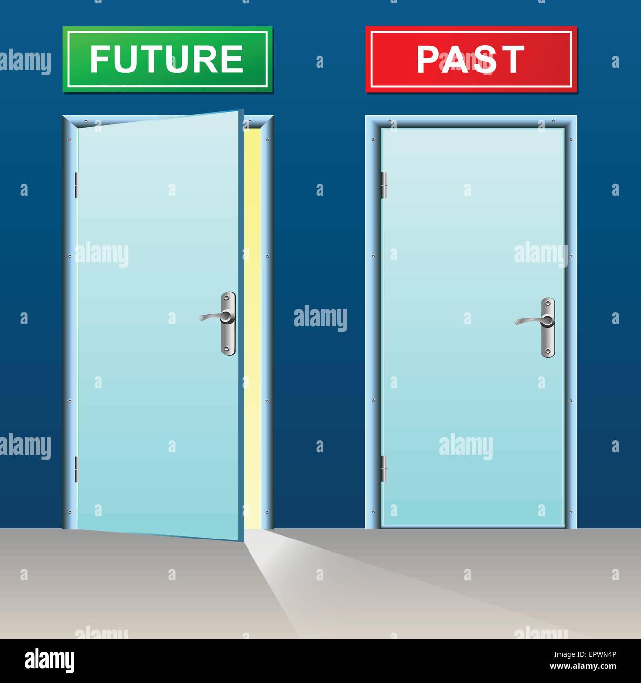 Ilustración del concepto de puertas pasadas y futuras Ilustración del Vector