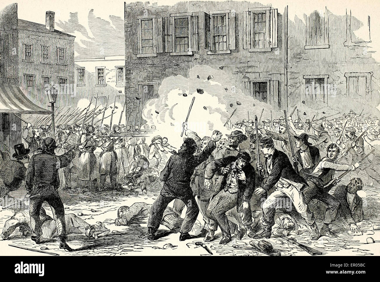 La primera sangre - El Sexto Regimiento de Massachusetts lucha su camino a través de Baltimore, 19 de abril de 1861. Guerra Civil EE.UU. Foto de stock