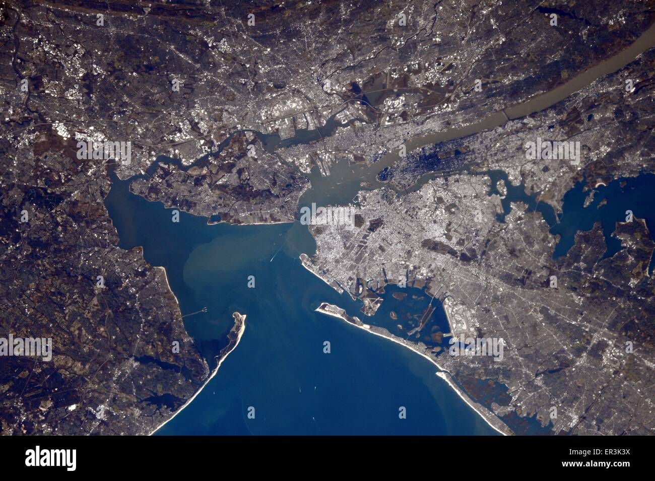 Vista desde la Estación Espacial Internacional de la ciudad de Nueva York y los alrededores del área metropolitana en los Estados Unidos. Foto de stock