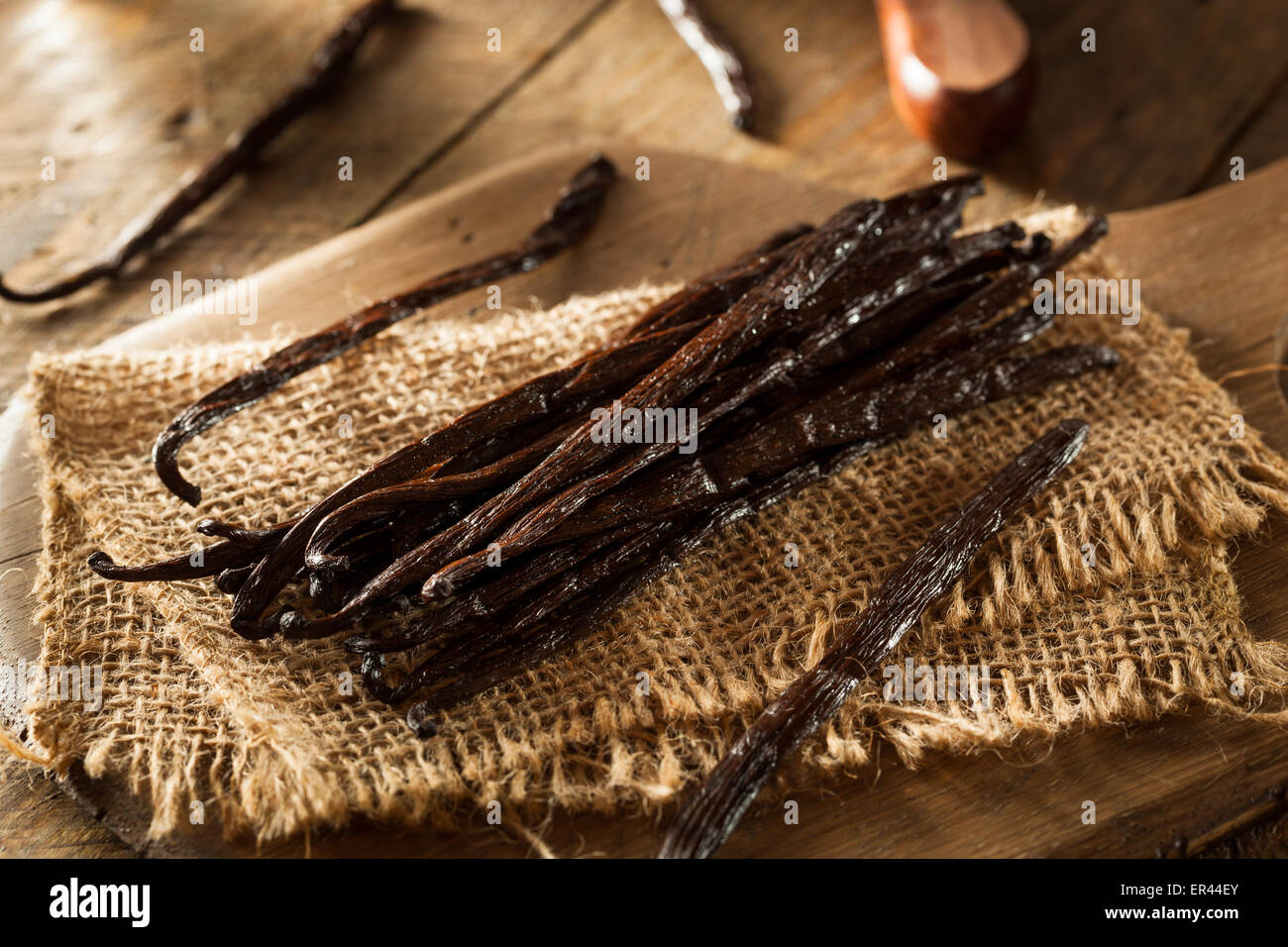 Materias orgánicas preparadas para cortar frijoles de vainilla Foto de stock