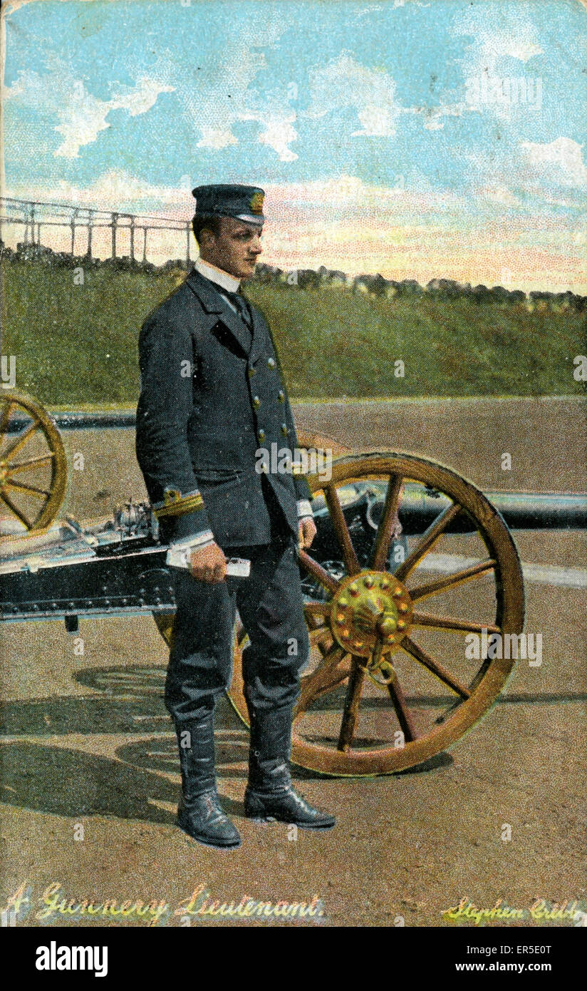 Un teniente de artillería, Inglaterra. Mostrando 1913 Cañón de