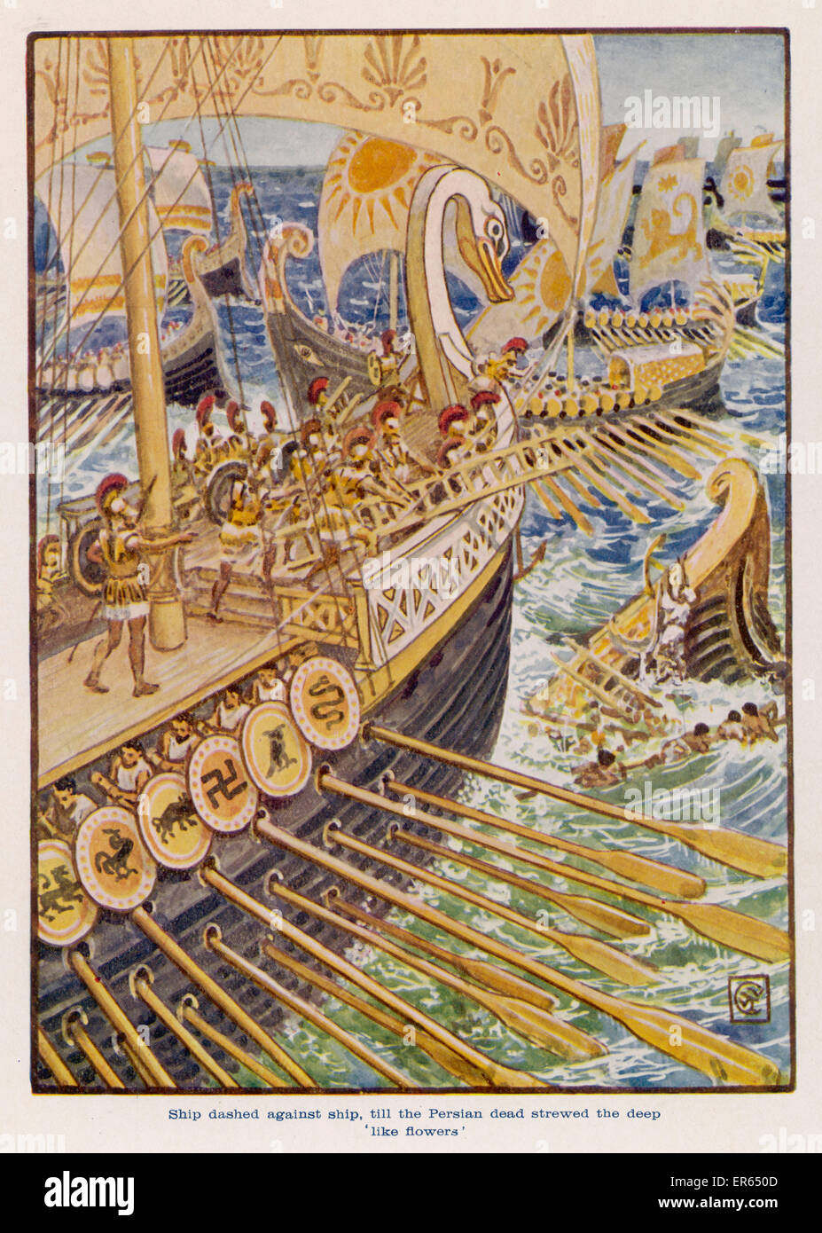En Salamina, la flota griega de 370 buques de la flota persa vence el 1000+, obligando así a Xerxes para cancelar su plan para invadir Grecia. De septiembre del año 480 A.C. Foto de stock