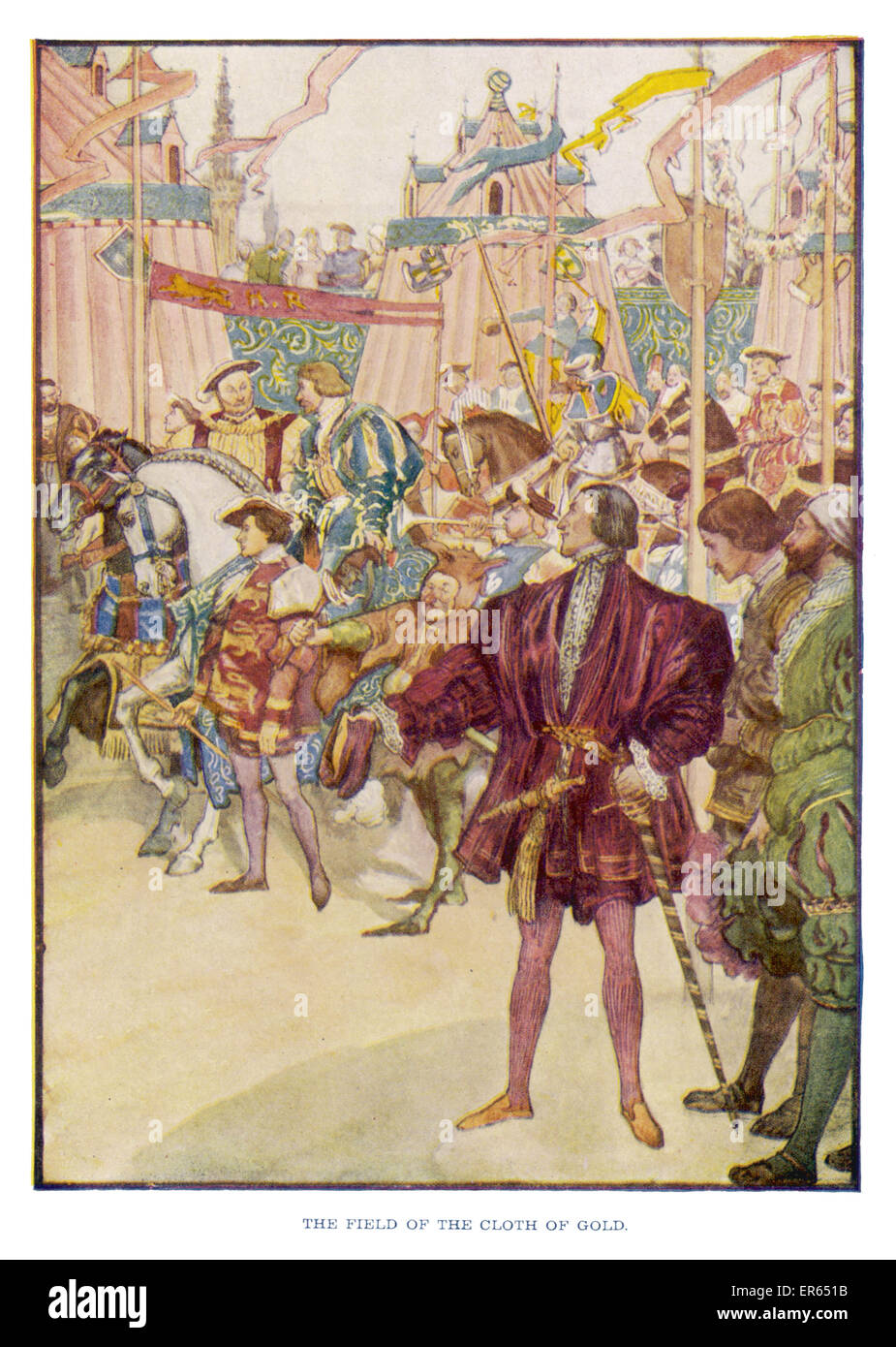 Campo de la TELA DE ORO La reunión entre Enrique VIII y el joven rey de Francia, Francisco I, en el campo de la tela de oro. El 7 de junio de 1520 Foto de stock