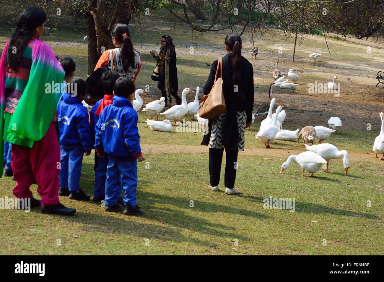 Los niños en edad escolar con los maestros en una excursión para picnic viendo los patos en Lodhi Gardens Delhi India Febrero 2015 Foto de stock